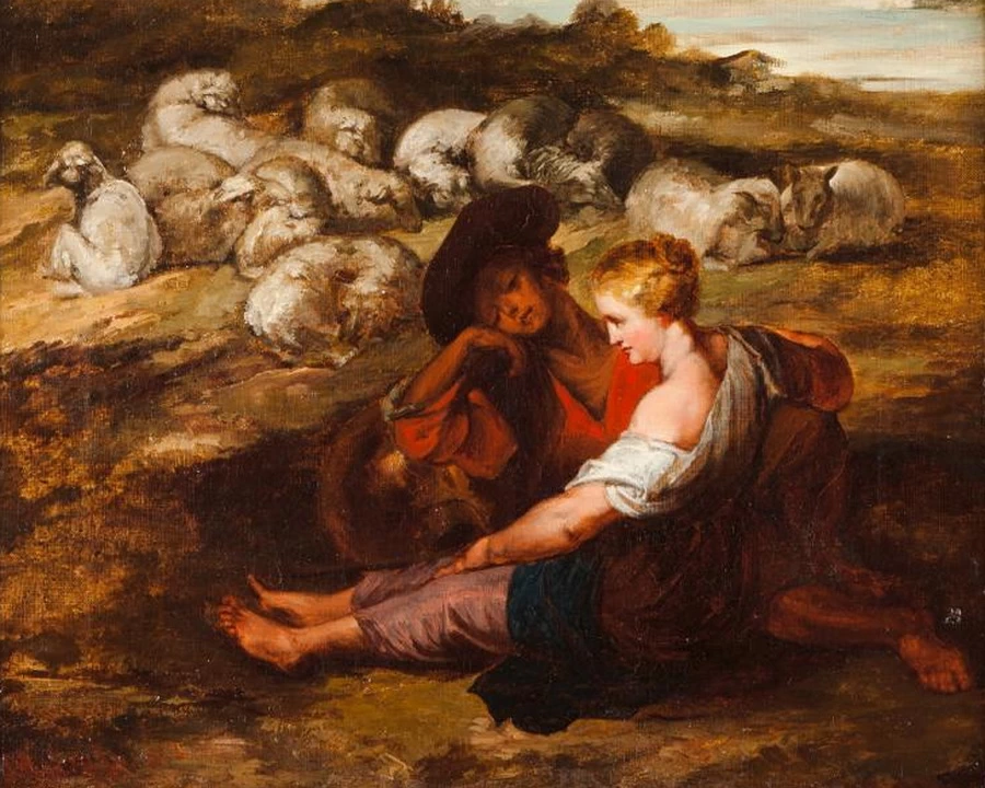 Una scena di corteggiamento in campagna con colline, edifici e animali